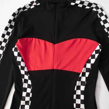 Redline Y2K Moto Jumpsuit – Zip-Up Bodycon Long Sleeve Romper
