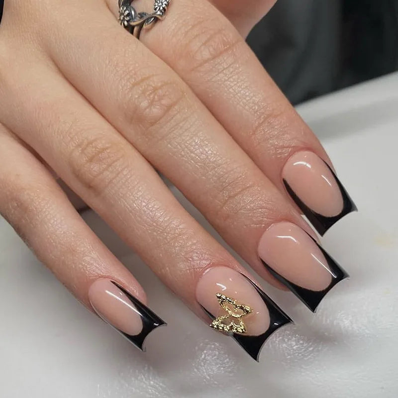 Chic Black French Press-On Nails with Pink Flower Charms – Stylish & Detachable Square Tips for Women & Girls