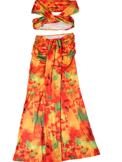 Sunset Heat Off-Shoulder Two-Piece Set (Crop Top + Maxi Skirt)