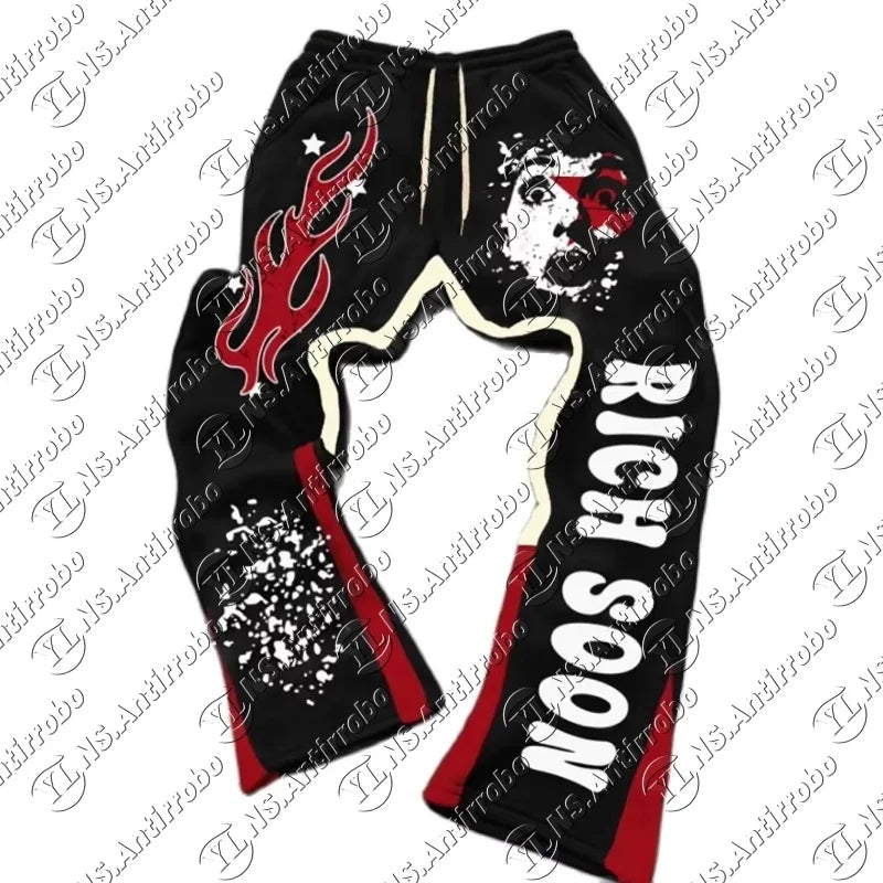 Y2K Flame Streetwear Joggers – “Rich Spirit” Graphic Sweatpants for Men & Women
