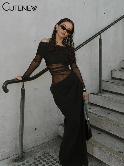 Midnight Muse Mesh Maxi – Off Shoulder Bodycon Party Dress