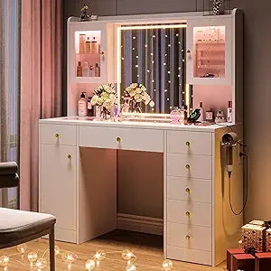 LuxeGlow LED Vanity Desk – Glass Top Makeup Table with 7 Drawers & 3 Cabinets