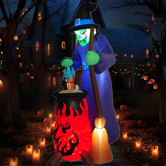 8FT Halloween Inflatables Witch Boiling  Flame Lamp And Climbing the Window Little Ghost With LED Lights Indoor Outdoor Decorate