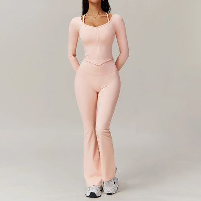 FitFlex 2-Piece Yoga Set: Long Sleeve Crop Top & High-Waist Leggings for Workout & Fitness