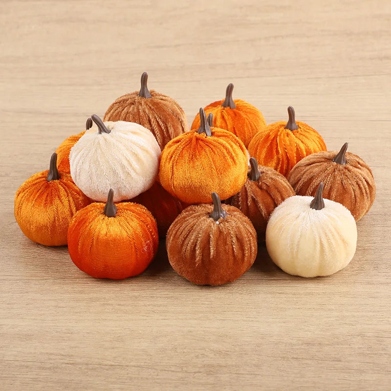 Cozy Flannel Pumpkin Set – 8/12pcs Soft Fabric Fall Decor for Autumn, Thanksgiving & Halloween Tables
