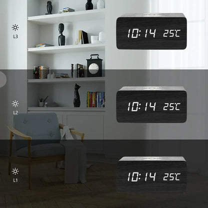 Wooden Digital Alarm Clock 3 Alarms Led Display with Wireless Charging Electronic Alarm Clock For Bedroom Bedside Office