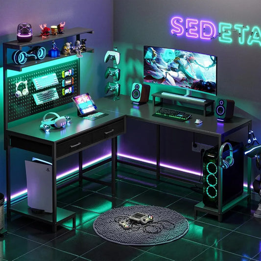 Ultimate Gamer Station™ – L-Shaped RGB Desk with Pegboard, Hutch & Drawers