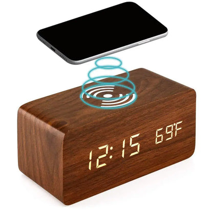 Wooden Digital Alarm Clock 3 Alarms Led Display with Wireless Charging Electronic Alarm Clock For Bedroom Bedside Office