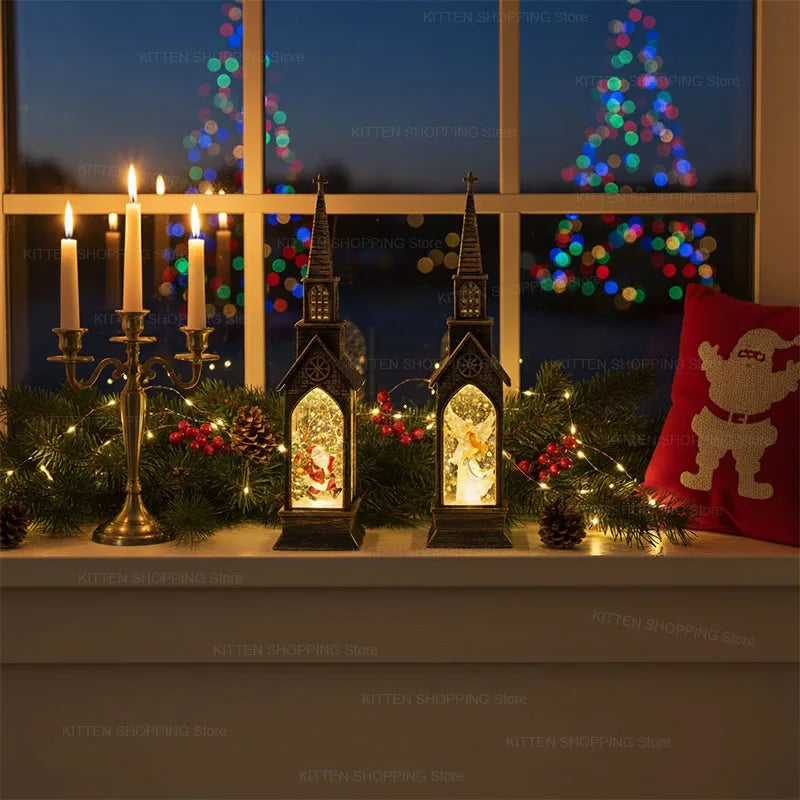 Christmas LED Fairy Lantern & Santa Lighthouse Night Light – Cozy Glowing Tabletop Holiday Decor