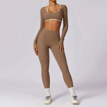 EmpowerFit 2-Piece Workout Set: Sculpting High-Waist Leggings & Long Sleeve Push-Up Sports Bra