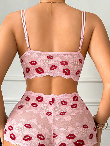 💋 Kiss Me Softly Lace Lingerie Set – Heart Lip Print Valentine’s Two-Piece