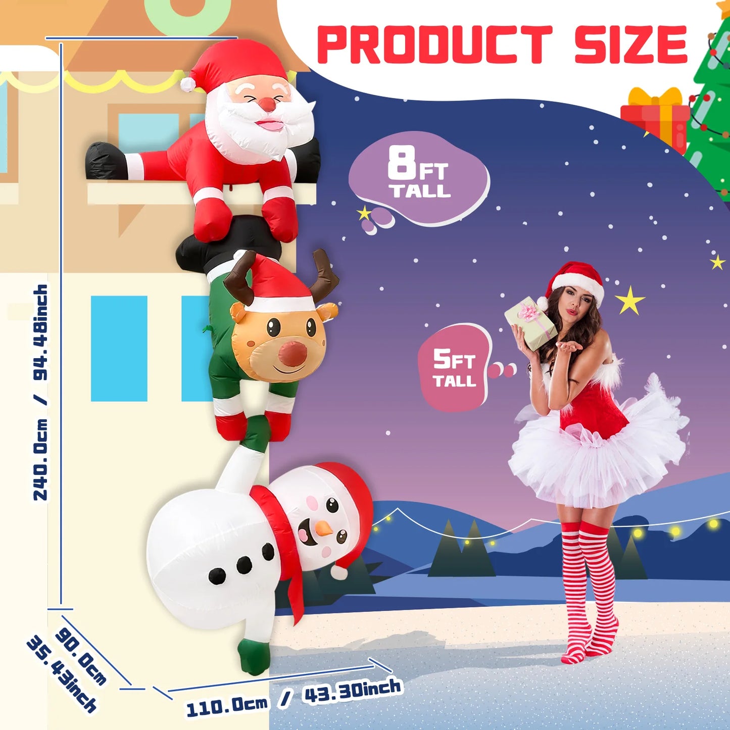 8FT Christmas Inflatable Decorations – Santa Climbing with Reindeer, Snowman & Elves | Outdoor Holiday Yard Display