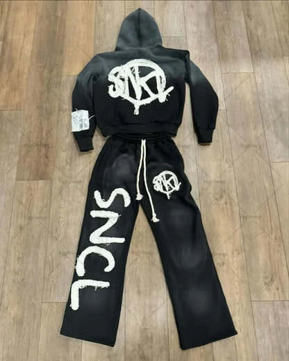 Urban Chaos Y2K Tracksuit – Hot Pink & Black Graphic Streetwear Set