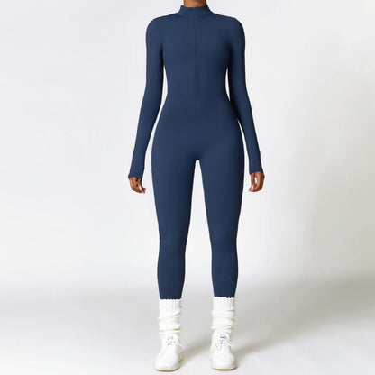 Sculpted Siren One-Piece – Zip-Up Long Sleeve Gym Romper for High-Intensity Confidence