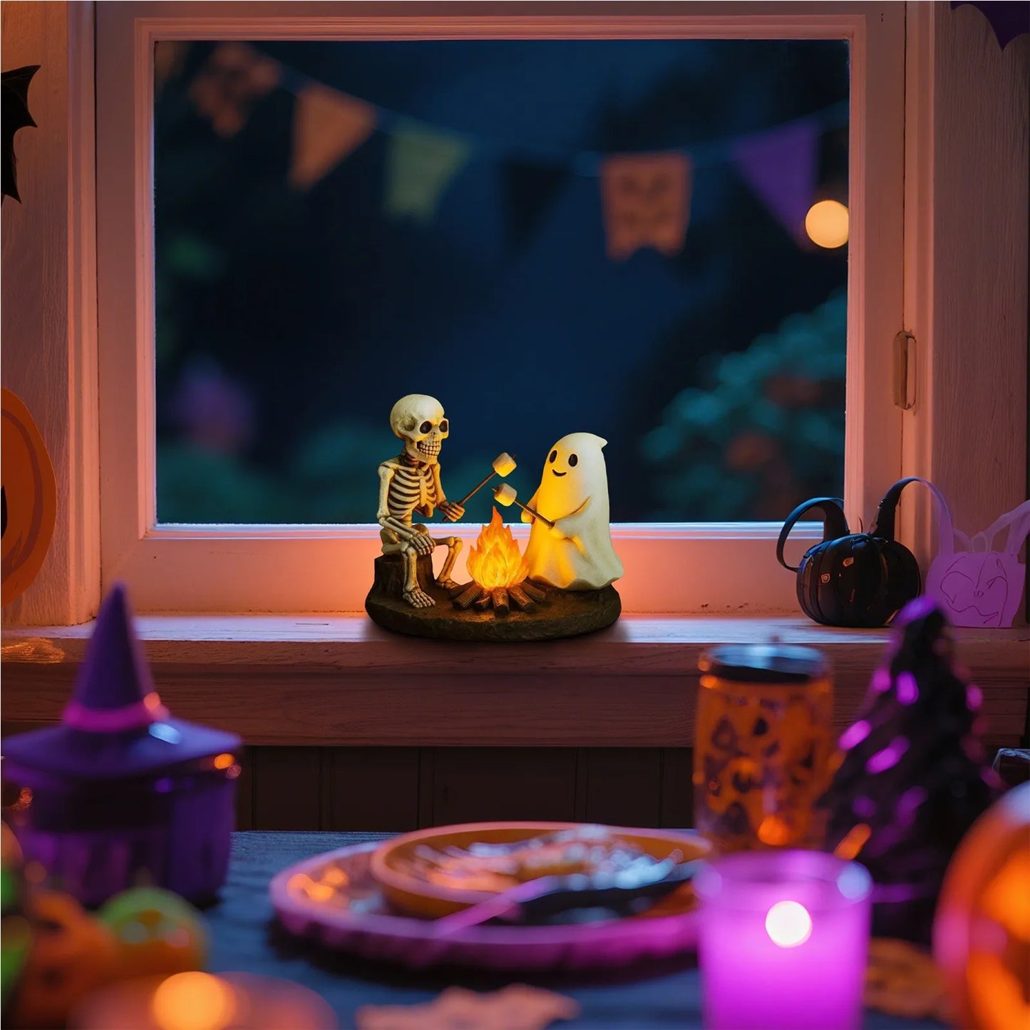 Haunted Glow Skeleton Bonfire Lamp – Flickering Halloween Ghost Light Decor for Living Room, Mantel & Nightstands