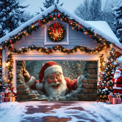 Santa’s Cozy Garage Door Holiday Banner – Brick Wall Christmas Backdrop Décor
