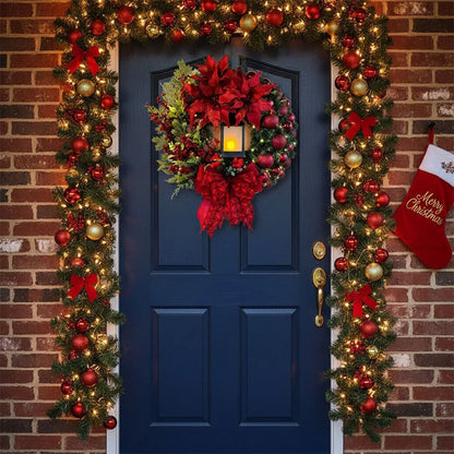 30CM Christmas Front Door Wreath – Red Ornament & Pine Garland Holiday Hanging Decor