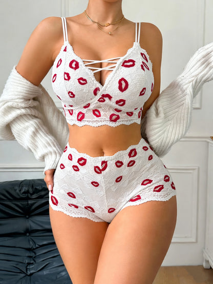 💋 Kiss Me Softly Lace Lingerie Set – Heart Lip Print Valentine’s Two-Piece