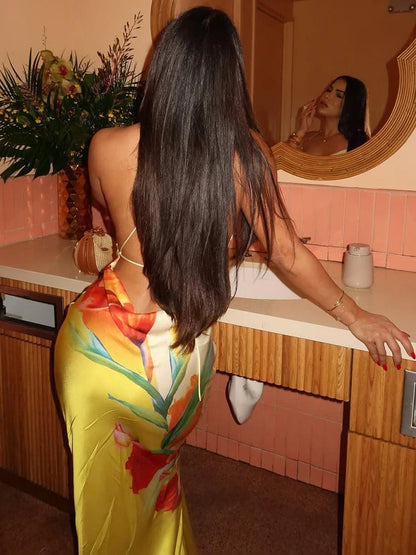 Sunset Bloom Lace-Up Maxi Dress