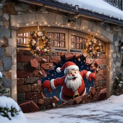 Santa’s Cozy Garage Door Holiday Banner – Brick Wall Christmas Backdrop Décor