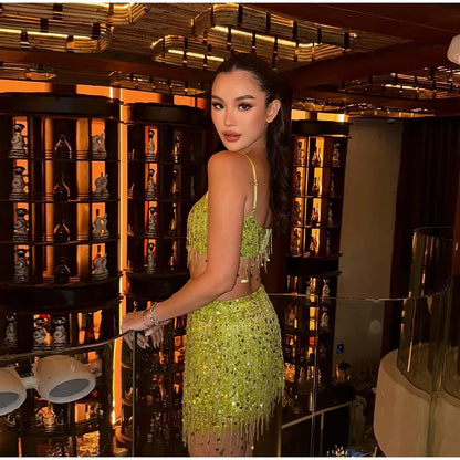Unique Tassel Sequin Halter Tops Sparkling Waist Cinching Solid Color Mini Skirt Women's Casual Luxury Beach Women Glitter Suits