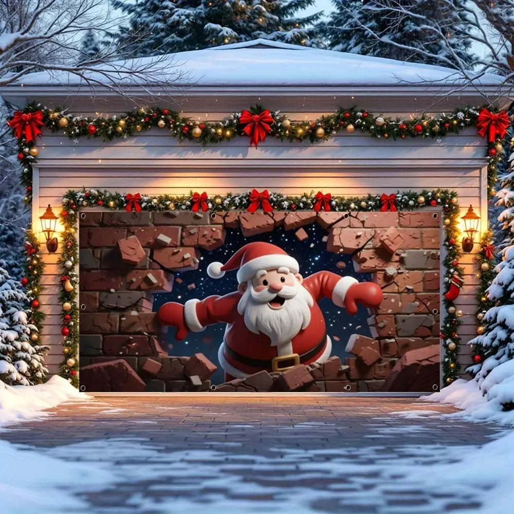 Santa’s Cozy Garage Door Holiday Banner – Brick Wall Christmas Backdrop Décor