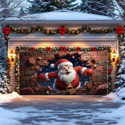 Santa’s Cozy Garage Door Holiday Banner – Brick Wall Christmas Backdrop Décor