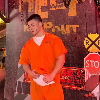 ✨ Prison Break Halloween Costume – Orange & Striped Inmate Jumpsuit Set for Adults & Kids