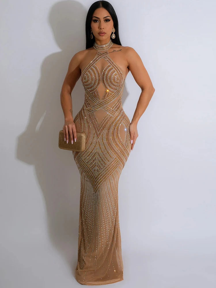 Glam Rhinestone Backless Maxi Dress – Diamond Mesh Party Look