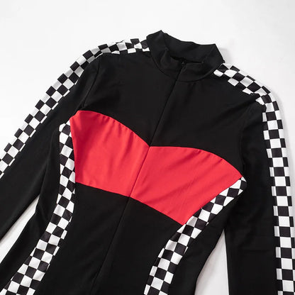 Redline Y2K Moto Jumpsuit – Zip-Up Bodycon Long Sleeve Romper