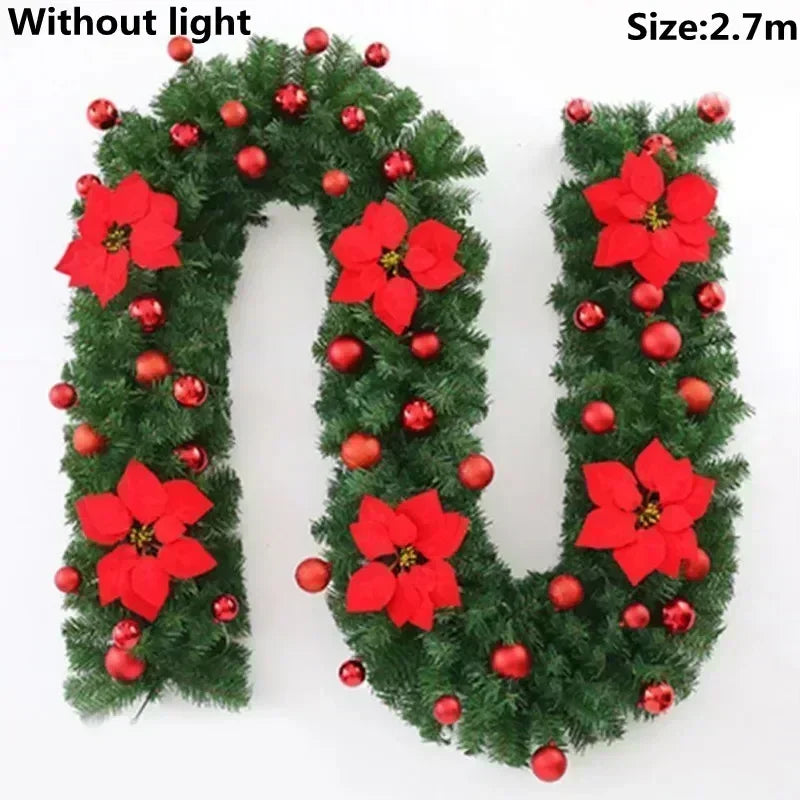 Christmas LED Rattan Garland Banner, 2.7M Artificial Xmas Tree Wreath for Home Fireplace Door Staircase Party Wall Decoration