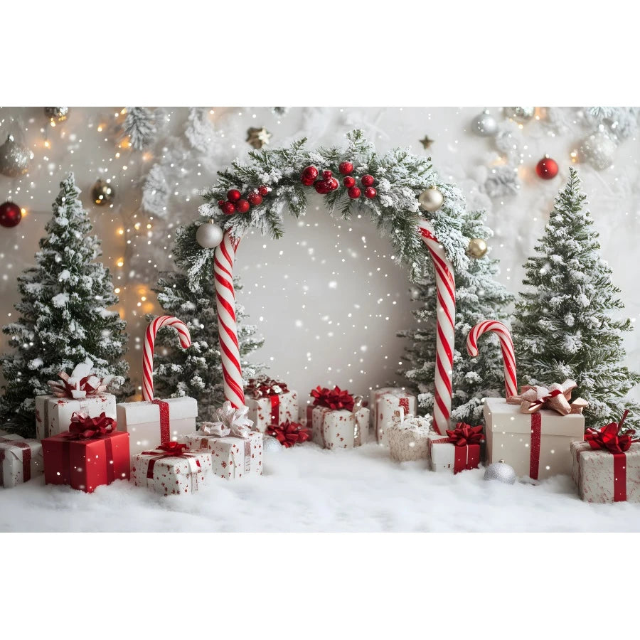 Holiday Arch Christmas Photography Backdrop – Red & Gold Festive Scene
