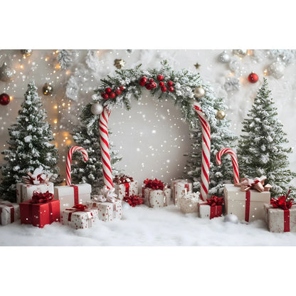 Holiday Arch Christmas Photography Backdrop – Red & Gold Festive Scene