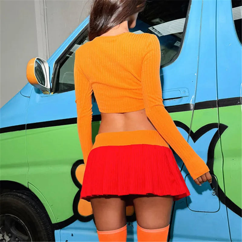 Y2K Velma-Inspired Cosplay Set – Long Sleeve Crop Top & Pleated Mini Skirt