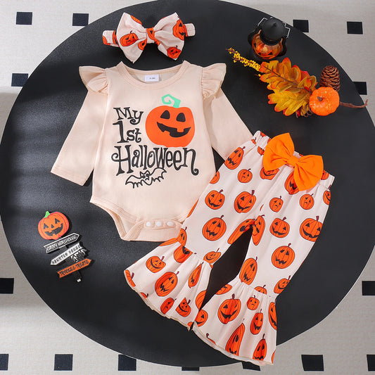 Little Pumpkin 3-Piece Baby Outfit – Long Sleeve Top, Pumpkin Pants & Bow Headband | Fall & Halloween Baby Set