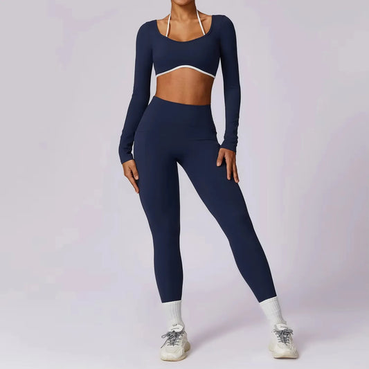 EmpowerFit 2-Piece Workout Set: Sculpting High-Waist Leggings & Long Sleeve Push-Up Sports Bra