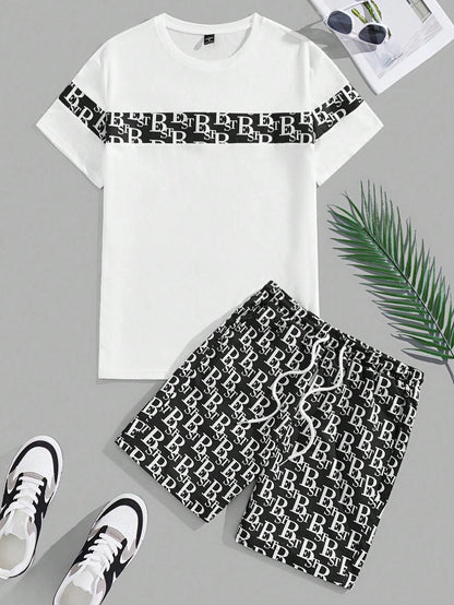 Urban Luxe 2-Piece Set – Men's Retro Streetwear Tee & Shorts Combo