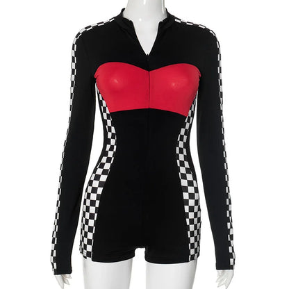 Redline Y2K Moto Jumpsuit – Zip-Up Bodycon Long Sleeve Romper