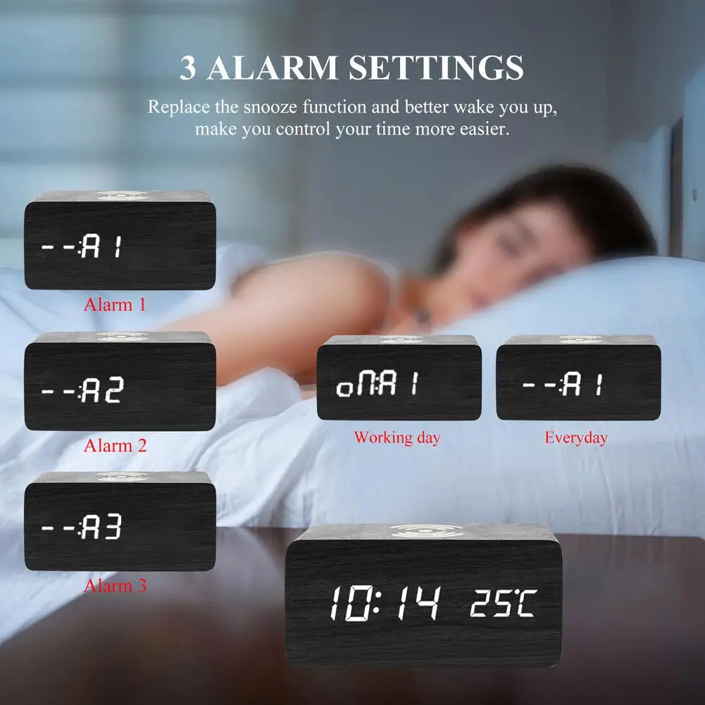 Wooden Digital Alarm Clock 3 Alarms Led Display with Wireless Charging Electronic Alarm Clock For Bedroom Bedside Office