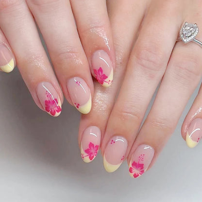Chic Black French Press-On Nails with Pink Flower Charms – Stylish & Detachable Square Tips for Women & Girls