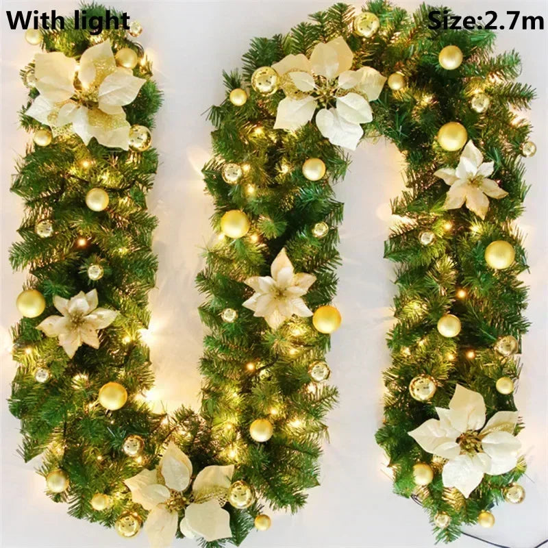 Christmas LED Rattan Garland Banner, 2.7M Artificial Xmas Tree Wreath for Home Fireplace Door Staircase Party Wall Decoration