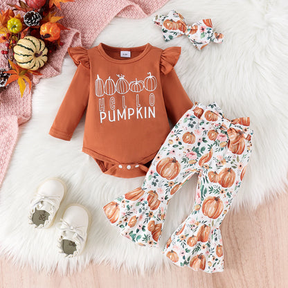 Little Pumpkin 3-Piece Baby Outfit – Long Sleeve Top, Pumpkin Pants & Bow Headband | Fall & Halloween Baby Set