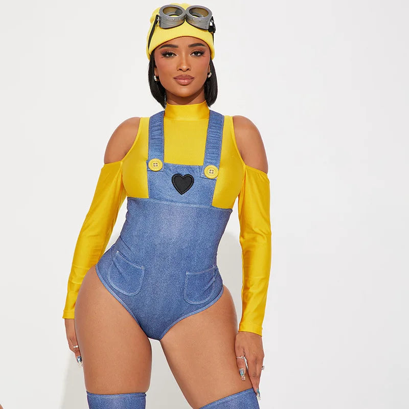 Minion Madness Women’s Cosplay Jumpsuit Set – Halloween Cartoon Character Costume