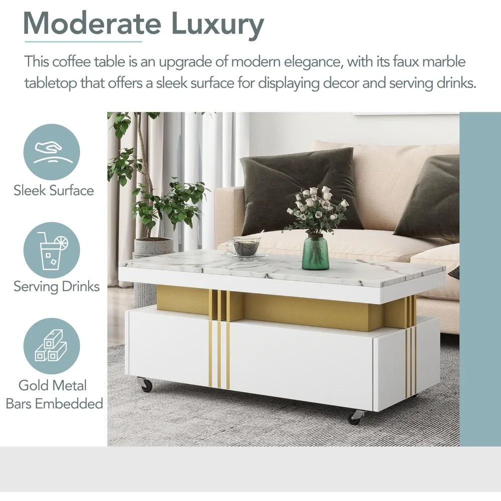 Coffee Table with Faux Marble Top, Modern Center Table with 2 Drawers & Caster Wheels, Contemporary Luxury Cocktail Table