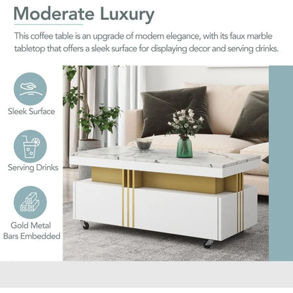Coffee Table with Faux Marble Top, Modern Center Table with 2 Drawers & Caster Wheels, Contemporary Luxury Cocktail Table
