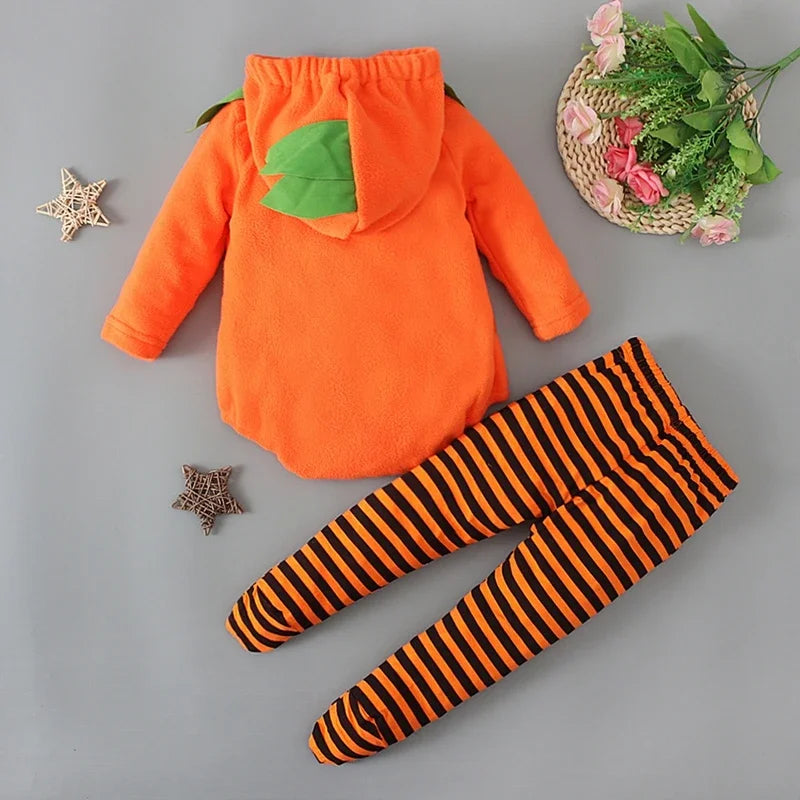 2025 Infant Baby Halloween Costume Pumpkin Outfits Hooded Romper Footed Pants Leggings for Newborn Girl Boys Cosplay Clothes Set