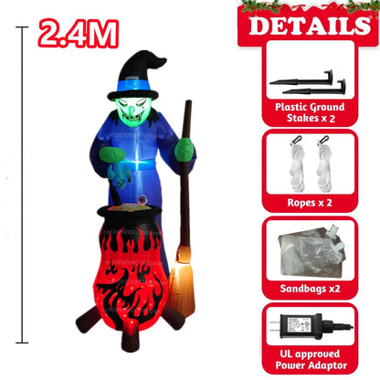 8FT Halloween Inflatables Witch Boiling  Flame Lamp And Climbing the Window Little Ghost With LED Lights Indoor Outdoor Decorate