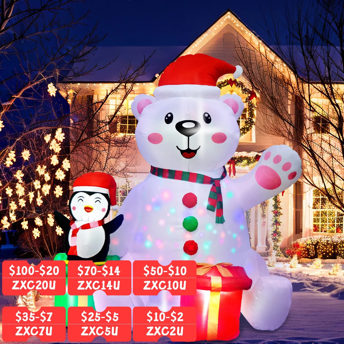 6FT Polar Bear & Penguin Christmas Inflatable – LED Light-Up Outdoor Holiday Blow-Up Decoration (US/UK/EU Plug)