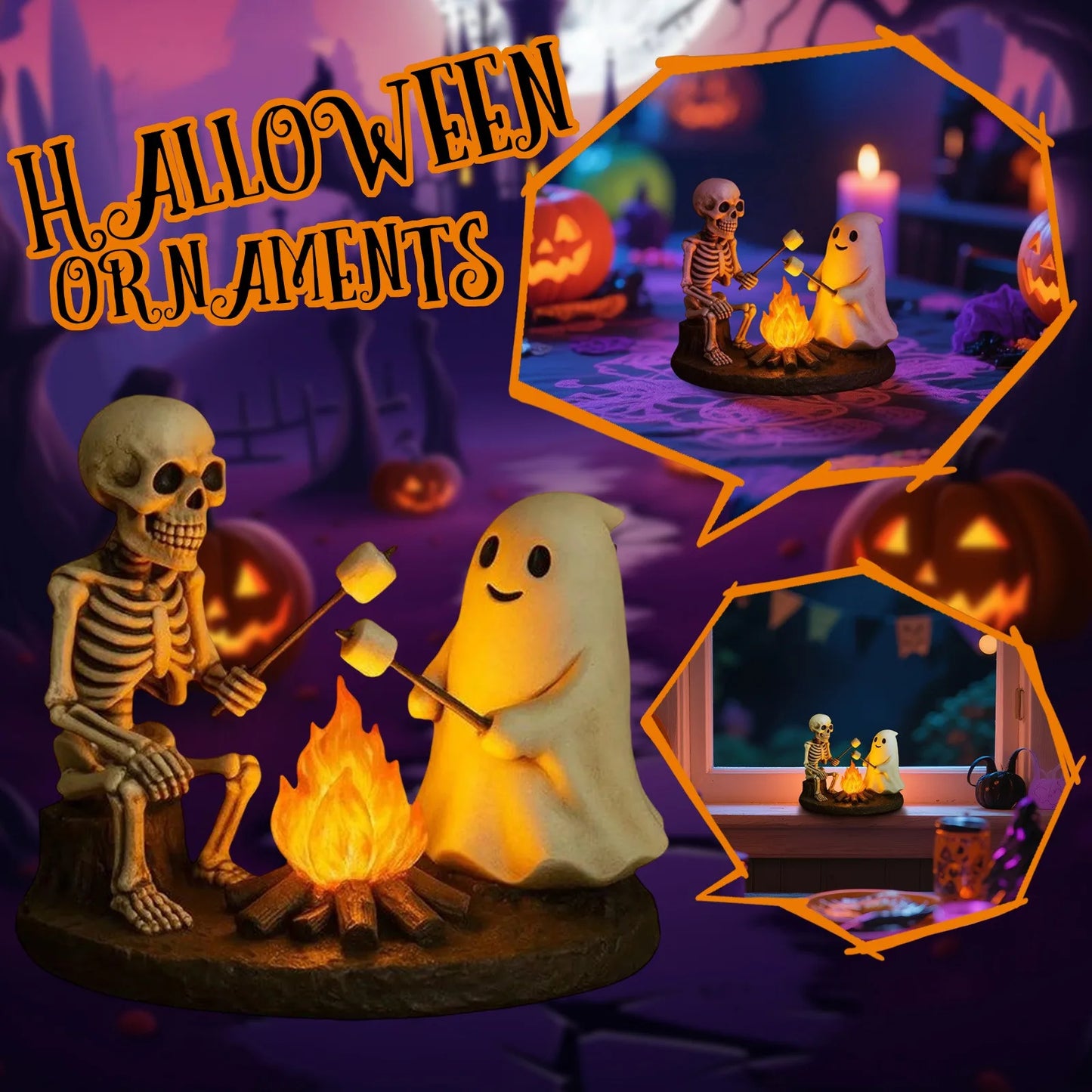 Haunted Glow Skeleton Bonfire Lamp – Flickering Halloween Ghost Light Decor for Living Room, Mantel & Nightstands