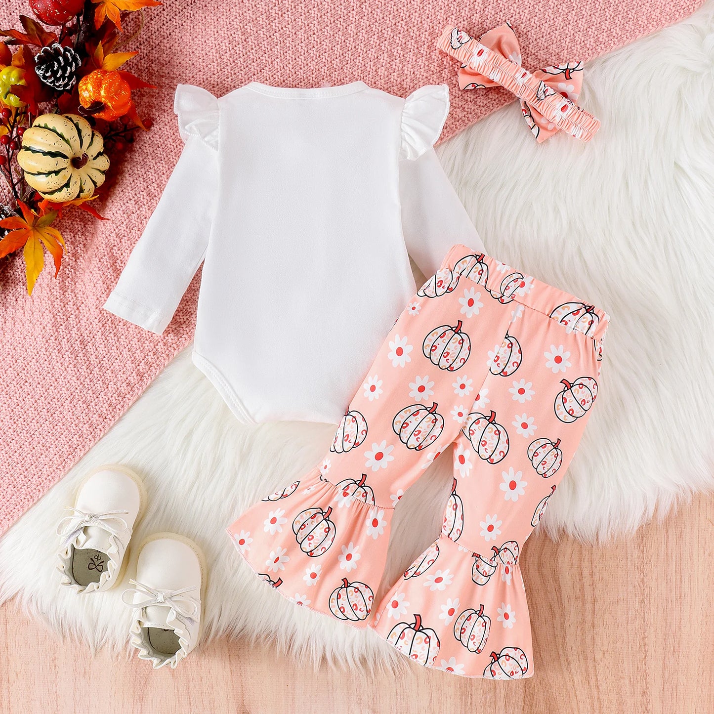 Little Pumpkin 3-Piece Baby Outfit – Long Sleeve Top, Pumpkin Pants & Bow Headband | Fall & Halloween Baby Set
